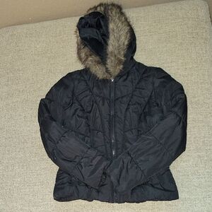 Pink Envelope Dark Puffer with Faux Fur Trim